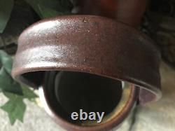 Studio Pottery Vase Signed Large Vintage Ribbed Green Brown With Handle Textured