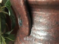 Studio Pottery Vase Signed Large Vintage Ribbed Green Brown With Handle Textured