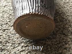 Studio Pottery Vase Signed Large Vintage Ribbed Green Brown With Handle Textured