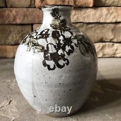 Studio Pottery Vase Signed Vintage Brown And Cream Jug Mid Century Floral Heavy