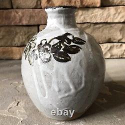 Studio Pottery Vase Signed Vintage Brown And Cream Jug Mid Century Floral Heavy
