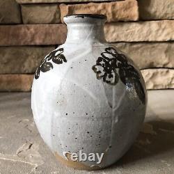 Studio Pottery Vase Signed Vintage Brown And Cream Jug Mid Century Floral Heavy