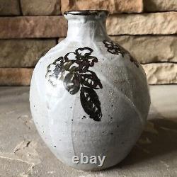Studio Pottery Vase Signed Vintage Brown And Cream Jug Mid Century Floral Heavy