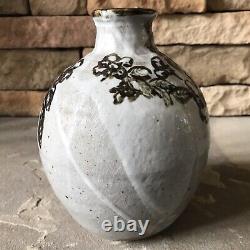 Studio Pottery Vase Signed Vintage Brown And Cream Jug Mid Century Floral Heavy