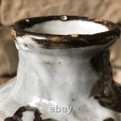 Studio Pottery Vase Signed Vintage Brown And Cream Jug Mid Century Floral Heavy