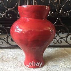 Studio Pottery Vase Signed Vintage Heavy Bright Crimson Fire Engine Red Rare Art