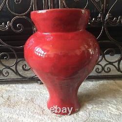 Studio Pottery Vase Signed Vintage Heavy Bright Crimson Fire Engine Red Rare Art