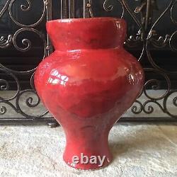 Studio Pottery Vase Signed Vintage Heavy Bright Crimson Fire Engine Red Rare Art