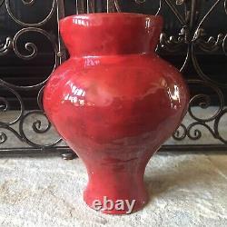 Studio Pottery Vase Signed Vintage Heavy Bright Crimson Fire Engine Red Rare Art