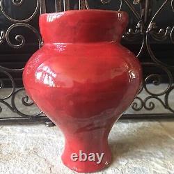 Studio Pottery Vase Signed Vintage Heavy Bright Crimson Fire Engine Red Rare Art