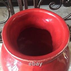 Studio Pottery Vase Signed Vintage Heavy Bright Crimson Fire Engine Red Rare Art