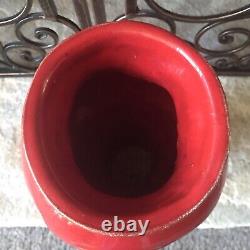 Studio Pottery Vase Signed Vintage Heavy Bright Crimson Fire Engine Red Rare Art