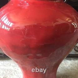 Studio Pottery Vase Signed Vintage Heavy Bright Crimson Fire Engine Red Rare Art