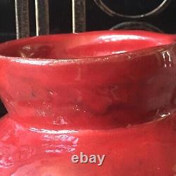 Studio Pottery Vase Signed Vintage Heavy Bright Crimson Fire Engine Red Rare Art