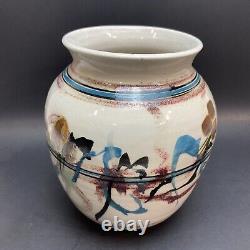Studio Stoneware Pottery Vase Artist Signed Turquoise Maroon Asian Style