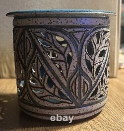 Susan Brown Freeman incised studio art pottery beige brown blue glaze signed VTG