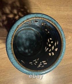 Susan Brown Freeman incised studio art pottery beige brown blue glaze signed VTG