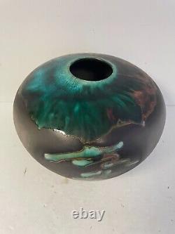 Tony Evans Vase Copper Raku Studio Pottery Asian Symbol Signed & #325 11H 13W