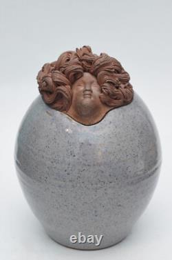 Unusual Vintage Terracotta Clay Studio Pottery Vase Jar Medusa Head LID