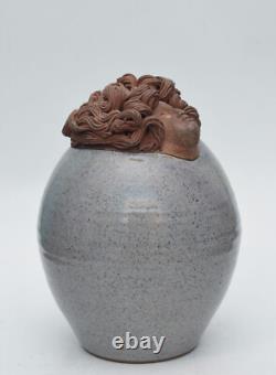 Unusual Vintage Terracotta Clay Studio Pottery Vase Jar Medusa Head LID