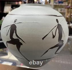 VINTAGE ABSTRACT FIGURES MID CENTURY SIGNED STUDIO POTTERY VASE BY YIRI Yuri