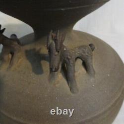 VINTAGE SPANISH STUDIO POTTERY FOOTED VESSEL with 3-D FIGURAL ANIMALS