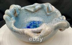 VINTAGE STUDIO POTTERY EMBOSSED THREE WOMEN BODY ART GLASS GEODE BOWL 9, c1980