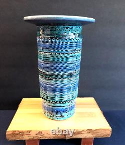 VINTAGE Signed Pottery Vase Reminiscent of Bitossi's Rimini Blues and Aqua 8.5