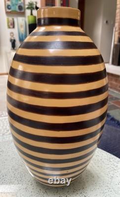 VTG Artisan Made LARGE Stripe Pottery Vase Signed By The Artist 15.5 PERU RARE