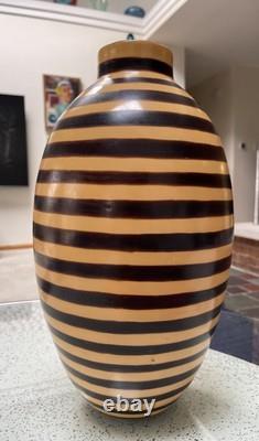 VTG Artisan Made LARGE Stripe Pottery Vase Signed By The Artist 15.5 PERU RARE