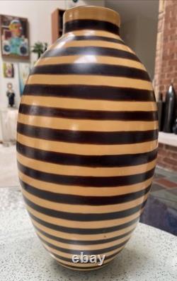 VTG Artisan Made LARGE Stripe Pottery Vase Signed By The Artist 15.5 PERU RARE