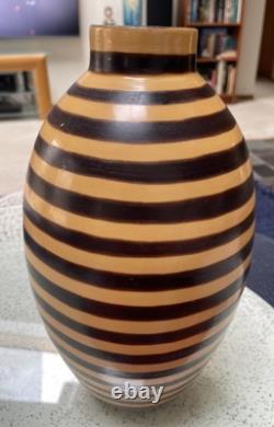 VTG Artisan Made LARGE Stripe Pottery Vase Signed By The Artist 15.5 PERU RARE
