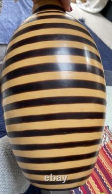 VTG Artisan Made LARGE Stripe Pottery Vase Signed By The Artist 15.5 PERU RARE