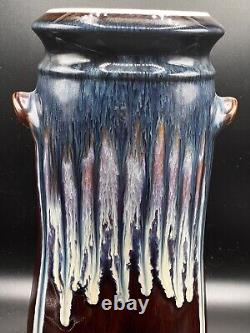 VTG Bill Campbell Art Pottery Studio Blue Drip Glazed Large Handled Vase 12