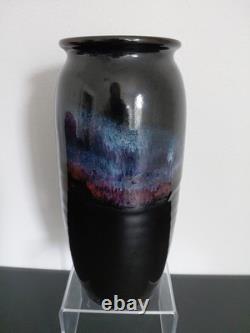 VTG Bruning Studio Pottery Seattle Large Wheel Thrown Vance BLACK BLUE PINK 11