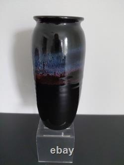 VTG Bruning Studio Pottery Seattle Large Wheel Thrown Vance BLACK BLUE PINK 11