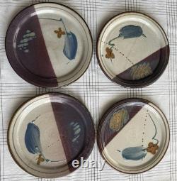 VTG Jeff Kuhn Signed Studio Art Handmade Pottery Plates (4) Dinner Size (2) Side