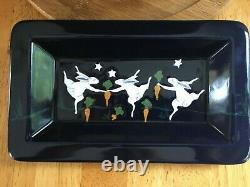 VTG Karen Howell Three Dancing Rabbits Dish Tray Studio Art Pottery 1987 BLUE