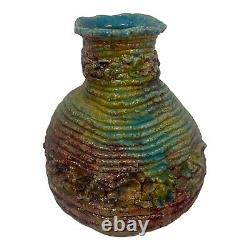 VTG Large Brutalist Drip Glaze Vessel Vase Raku MCM Coiled Studio Art Pottery