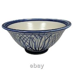 VTG Louis Mideke 9 Leaf Bowl White Cobalt Blue Studio Pottery Lotus Leaf Design