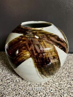 VTG MCM Artisan Studio Pottery Vase in Brushstroke Earth Tones Signed by Artist