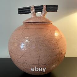 VTG Mark Hines RAKU STUDIO POTTERY VASE Lidded Pink Hollywood Regency Decorator