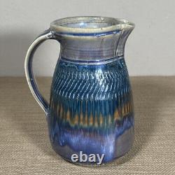 VTG Phil Geil Austin TX Studio Art Pottery Drip Glaze Carved Pitcher Vase 8.5