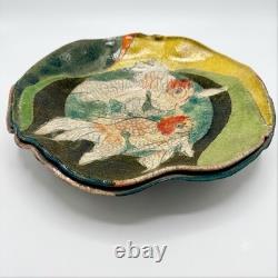 VTG Raku Studio Art Pottery 12 Bowl Signed Nora Crackle Glaze Koi Fish Metallic