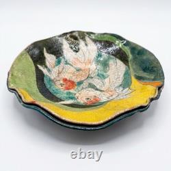VTG Raku Studio Art Pottery 12 Bowl Signed Nora Crackle Glaze Koi Fish Metallic