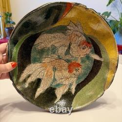 VTG Raku Studio Art Pottery 12 Bowl Signed Nora Crackle Glaze Koi Fish Metallic VTG Raku Studio Art Pottery 12 Bowl Signed Nora Crackle Glaze Koi Fish Metallic