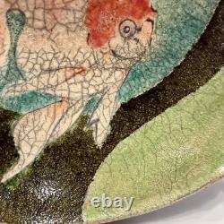 VTG Raku Studio Art Pottery 12 Bowl Signed Nora Crackle Glaze Koi Fish Metallic