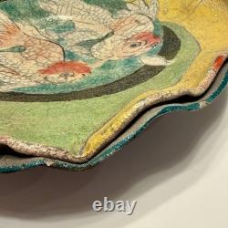 VTG Raku Studio Art Pottery 12 Bowl Signed Nora Crackle Glaze Koi Fish Metallic