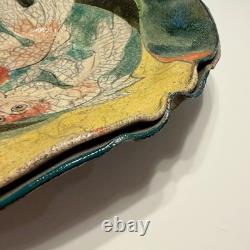 VTG Raku Studio Art Pottery 12 Bowl Signed Nora Crackle Glaze Koi Fish Metallic