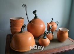 VTG Signed Studio Pottery 16 Pumpkin Set Soup Toureen Bowls Tea Pot Ladle S+P
